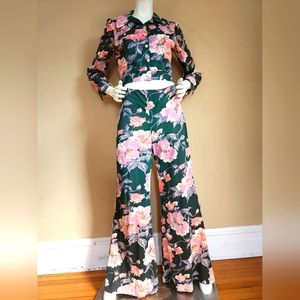 70s suit, bellbottoms pantsuit,  green floral, vintage, medium